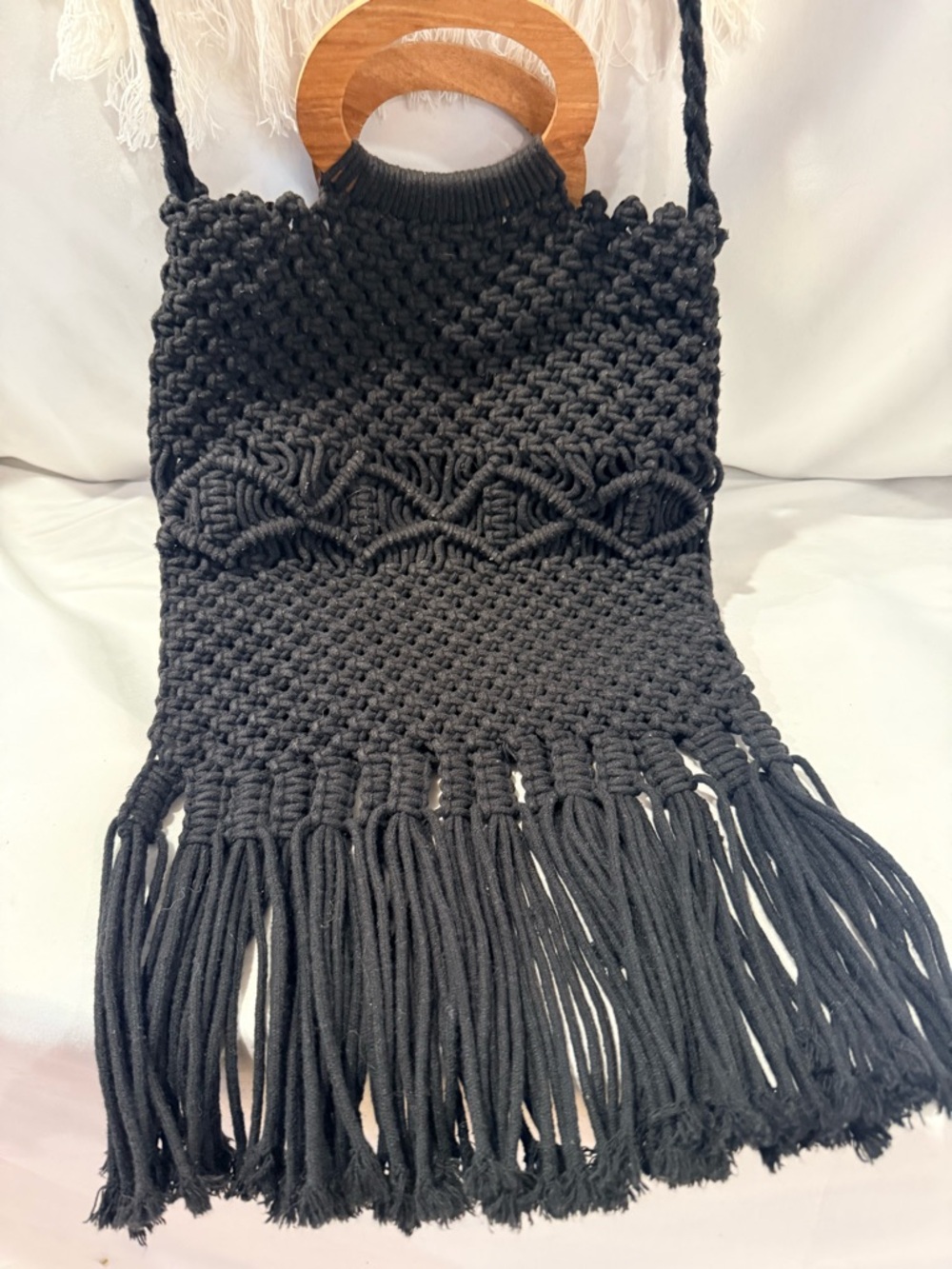 Danielle Nicole Black Macrame Fringe Handbag with Wood Handles